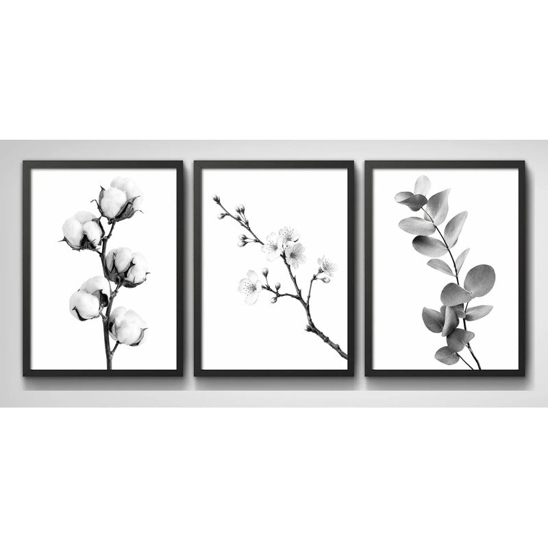 Set 3 Cuadros Living Ramas Botanica Minimalista Blanco Negro Marco Negro