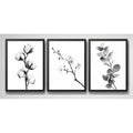 Set 3 Cuadros Living Ramas Botanica Minimalista Blanco Negro Marco Negro