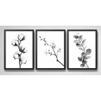 Set 3 Cuadros Living Ramas Botanica Minimalista Blanco Negro Marco Negro