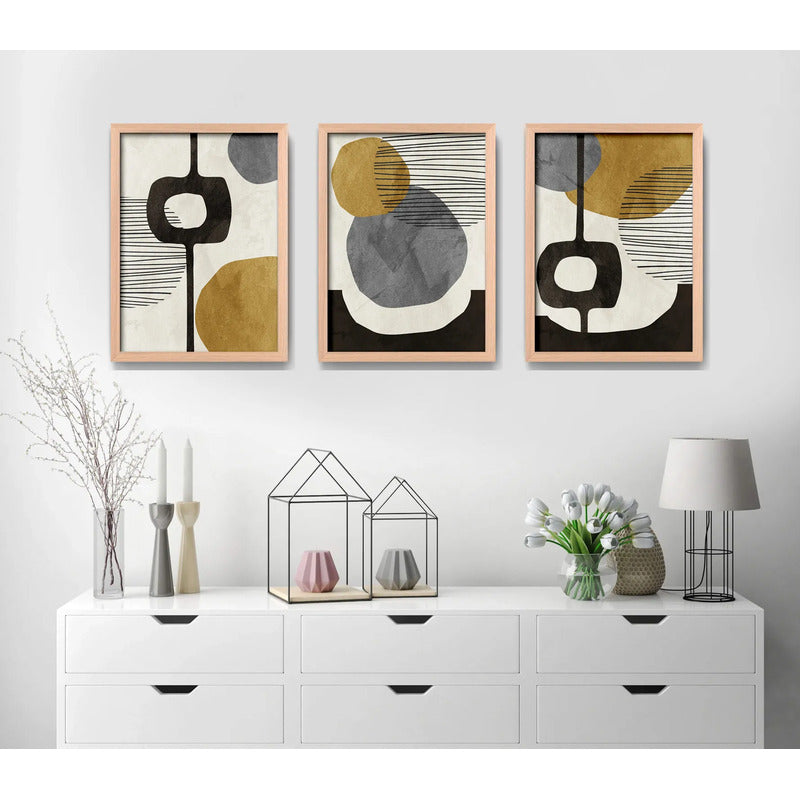 Set 3 Cuadros Dormitorio Living Boho Abstract Tonos Terrosos Marco Madera Natural Oak