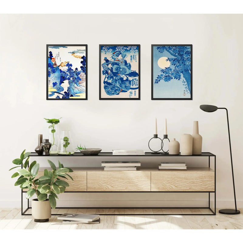 Set 3 Cuadros Arte Japones Utagawa Kuniyoshi Tonos De Azul Samurai Kabuki Paisajes Con Marco Negro