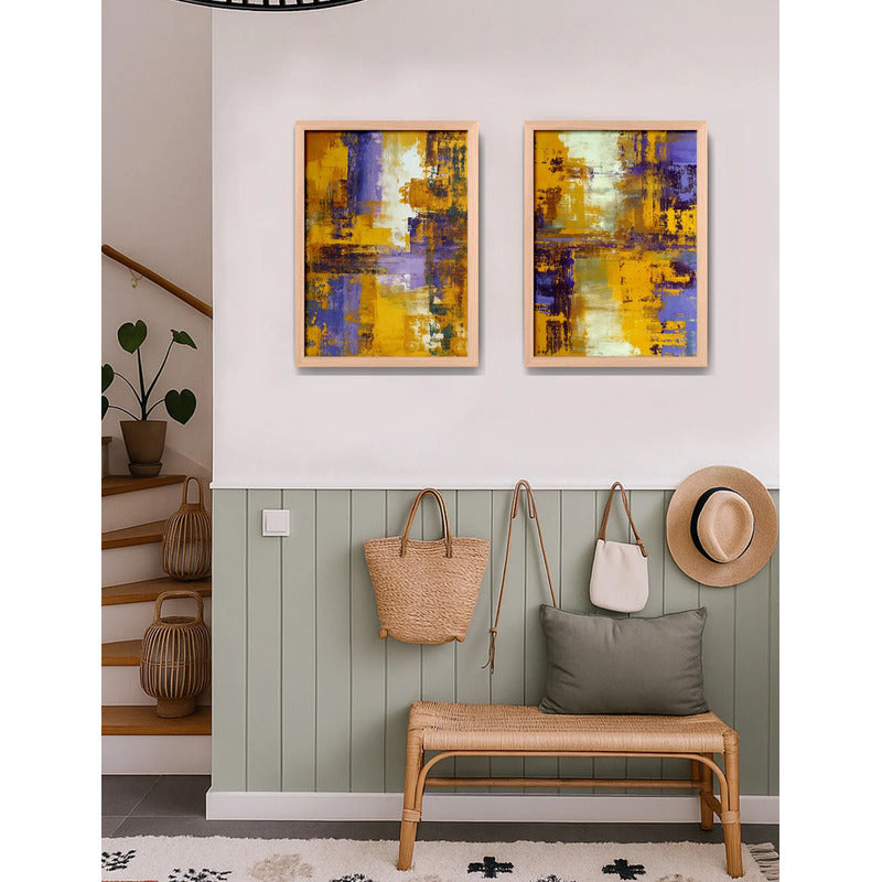 Set 2 Cuadros Dormitorio Living Abstracto Amarillo Púrpura Marco Marrón Claro