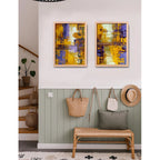 Set 2 Cuadros Dormitorio Living Abstracto Amarillo Púrpura Marco Marrón Claro