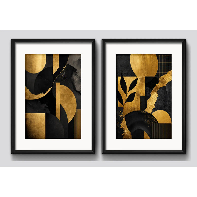 Set 2 Cuadros Boho Arte Abstracto Textura Oro Con Paspartu 53x43cm Cada Cuadro Negro
