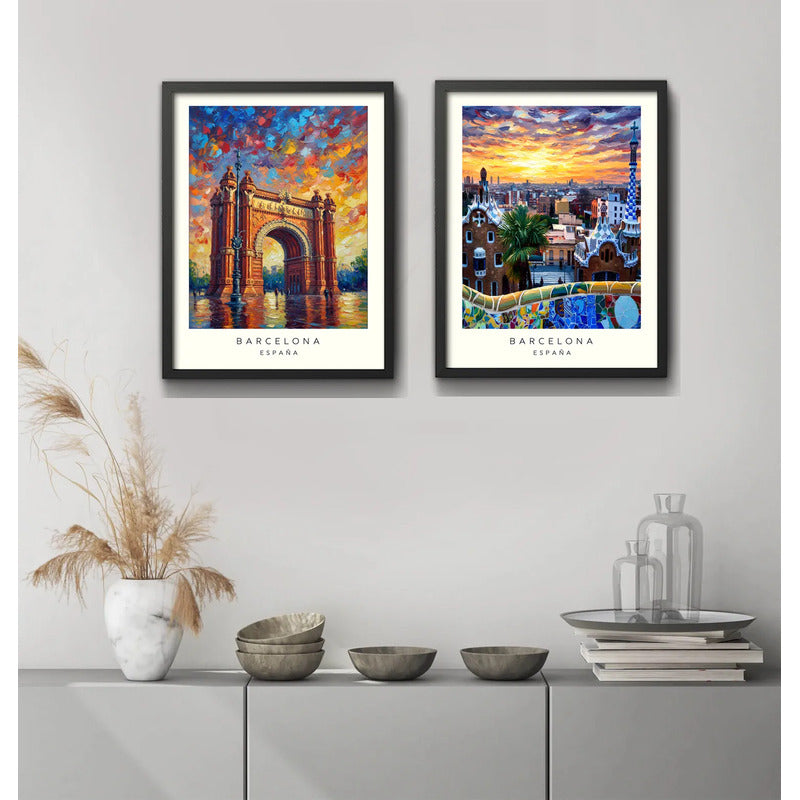 Set 2 Cuadros Barcelona Espana Park Güell Arco Del Triunfo Marco Negro