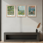 Set 3 Cuadros Living Dormitorio Claude Monet Obras Clásicas Marco Marrón Claro