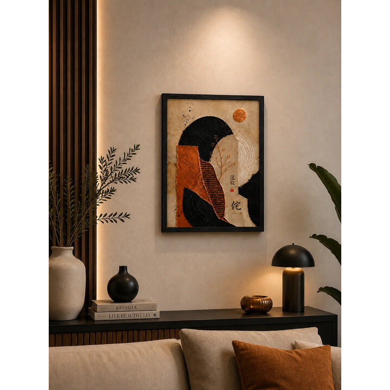 Cuadro Dormitorio Living Boho Abstracto Texturas Bronce Brs1 Marco Negro