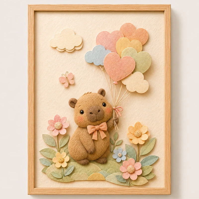 Cuadro Dormitorio Infantil Bebe Carpincho Globos Efecto 3d Marco Madera Oak Madera Clara