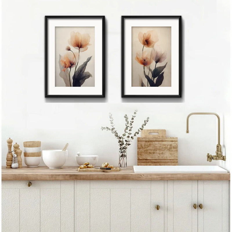 Set 2 Cuadros Flores Amapolas Tonos Pastel Con Paspartú Marco Negro