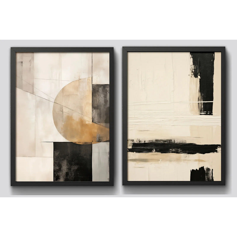 Set 2 Cuadros Boho Abstracto Arte Texturas Lineales 53x43cm Marco Negro