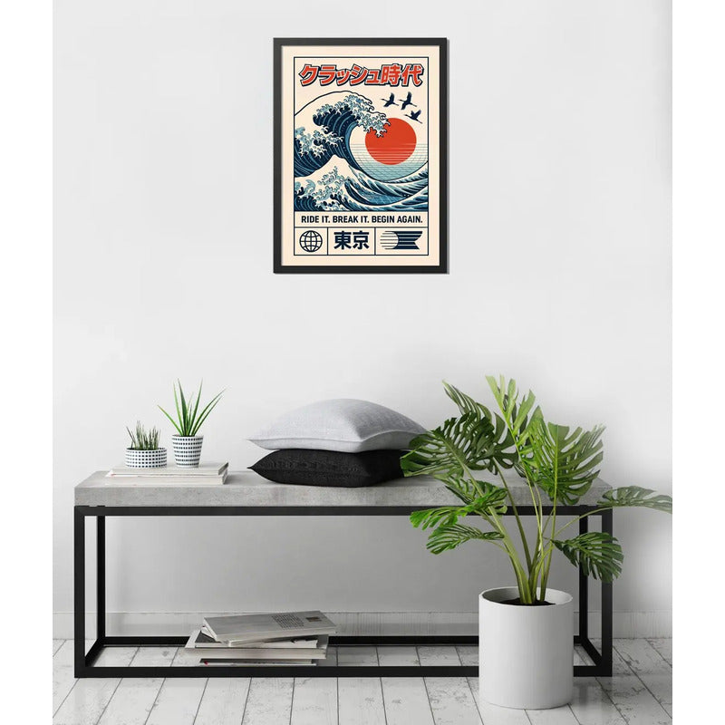 Cuadro Vaporwave Gran Ola Kanagawa Arte Japones Decoracion Marco Negro