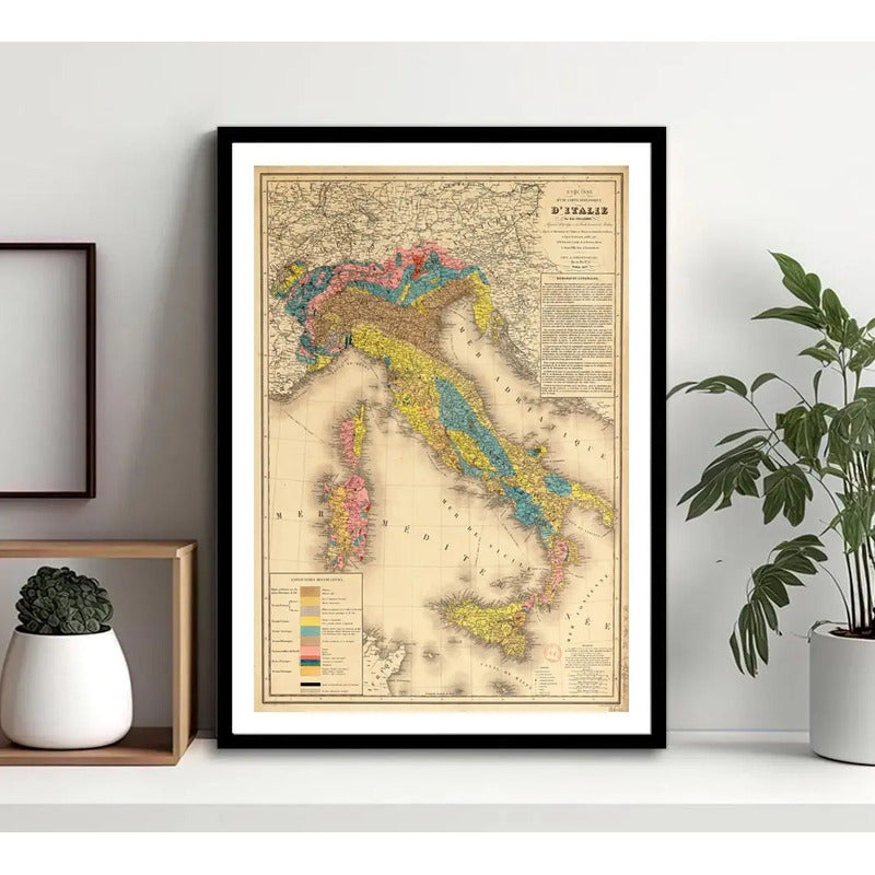 Cuadro Mapas Del Mundo Mapamundi Cartografia Vintage Arte Mapa Geológico Histórico De Italia 1864 Con Marco Negro
