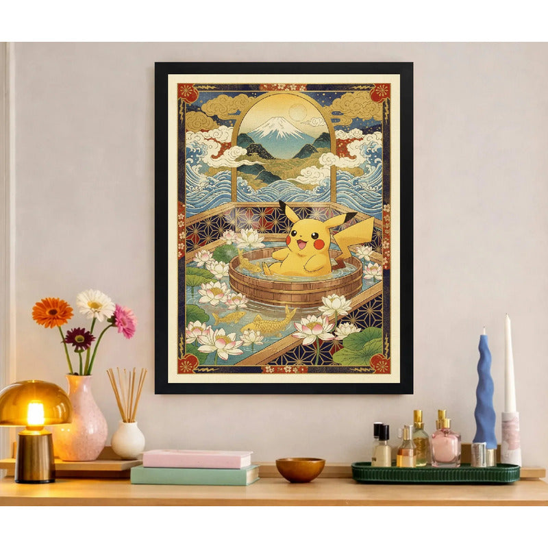 Cuadro Pikachu Baño Spa Onsen Arte Japones Pokemon Anime Marco Negro