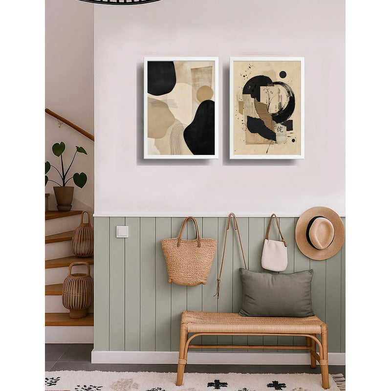 Set 2 Cuadros Boho Arte Abstracto Beige Crema Decorar Casa Marco Blanco