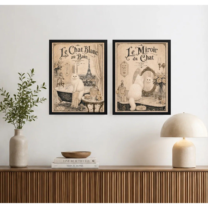 Set 2 Cuadros Decoracion Bano Gato Blanco Paris Retro Banera Marco Negro
