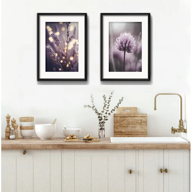 Set 2 Cuadros Flores Lavanda Cola Liebre Purple Con Paspartú Marco Negro