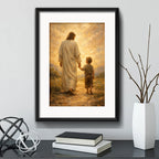 Cuadro Jesús Cristo Senor Dios Arte Decoracion Con Paspartú Niño Camiñando Con Jesus Con Marco Negro