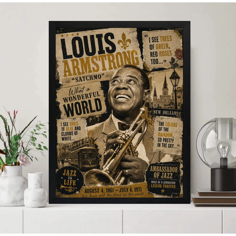 Cuadro Louis Armstrong Jazz New Orleans Musica Arte Vintage Marco Negro