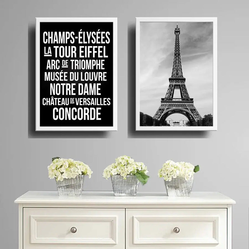 Set 2 Cuadros Paris Torre Eiffel Francia Blanco Negro Decora