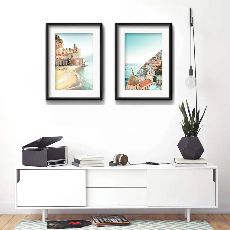 Set 2 Cuadros Costa Amalfitana Italia Playa Mar Con Paspartu 53x43cm Cada Cuadro Negro
