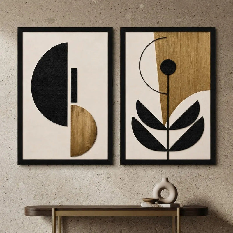 Set 2 Cuadros Living Abstracto Geometrico Dorado Flower Gold Marco Negro