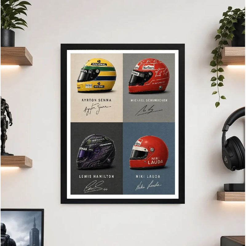 Cuadro Cascos Formula 1 Auto Senna Schumacher Hamilton Lauda Marco Negro