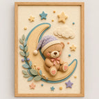 Cuadro Dormitorio Infantil Bebe Oso Luna Estrellas Efecto 3d Marco Madera Oak Madera Clara