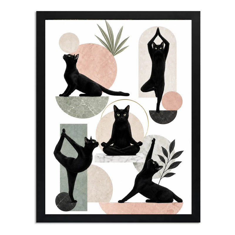 Cuadro Dormitorio Living Gato Haciendo Yoga Boho Geometrico Marco Negro