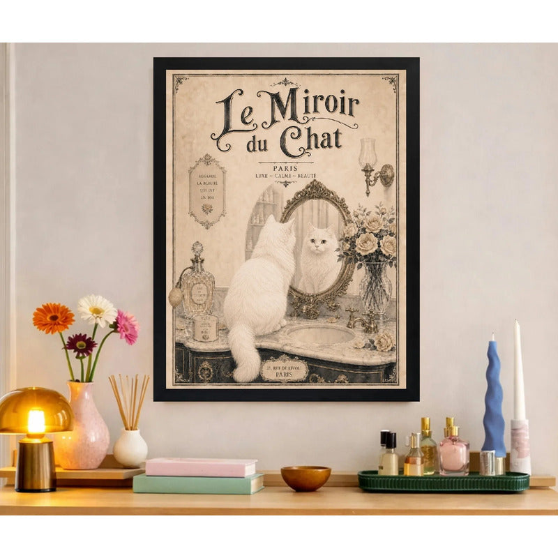 Cuadro Baño Gato Blanco Espejo Le Chat Blanc Paris Retro Art Marco Negro
