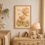 Cuadro Dormitorio Infantil Bebe Oso Globos Flores Efecto 3d Marco Madera Oak Madera Clara