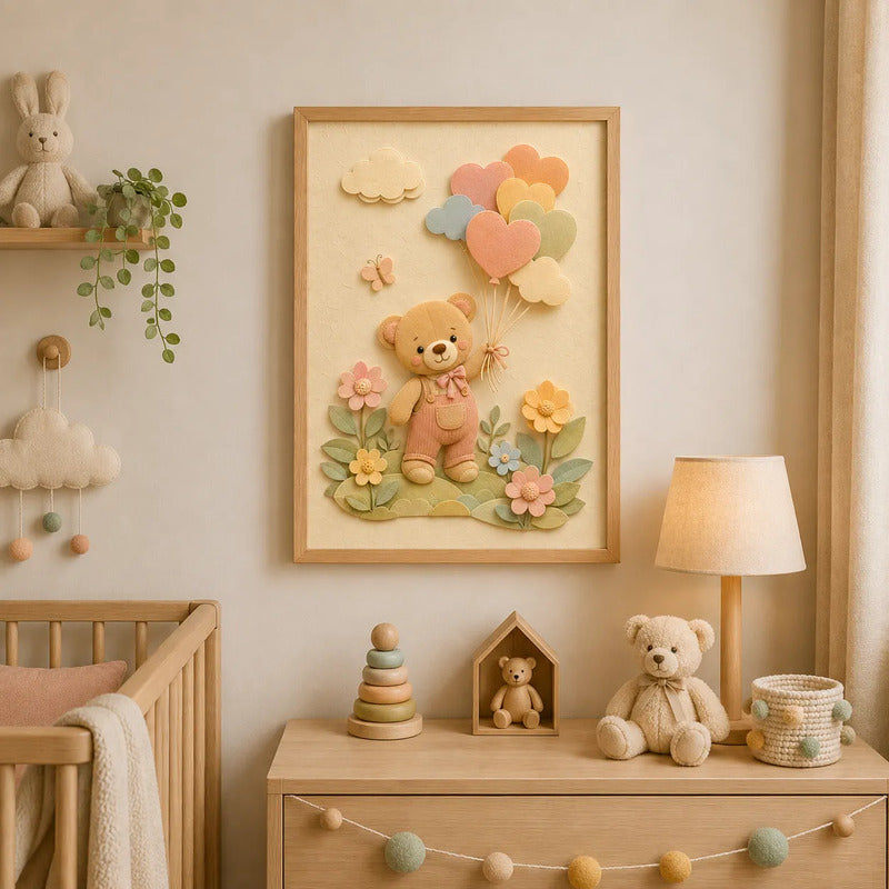 Cuadro Dormitorio Infantil Bebe Oso Globos Flores Efecto 3d Marco Madera Oak Madera Clara