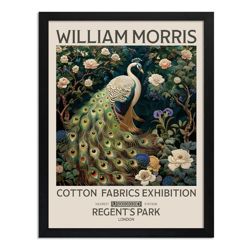 Cuadro Pavo Real Blanco Floral William Morris Botanico Flor Marco Negro