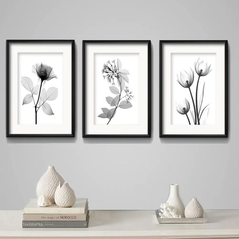 Set 3 Cuadros Flores Hojas Minimalista Blanco Negro Paspartú