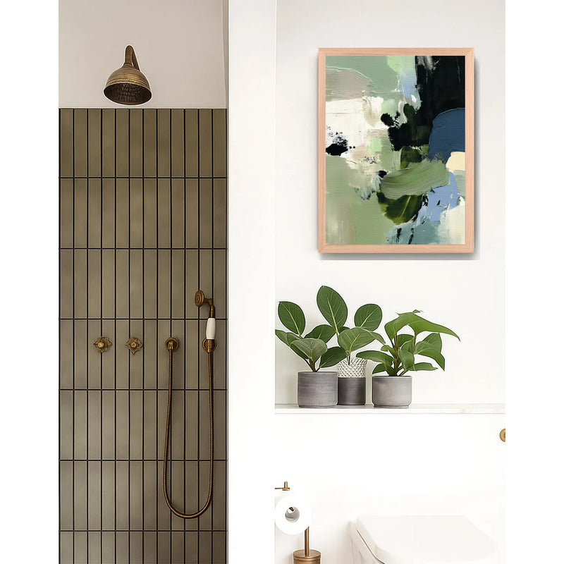 Cuadro Dormitorio Living Boho Abstracto Mossy Calm Verde Oak Marco Marrón Claro