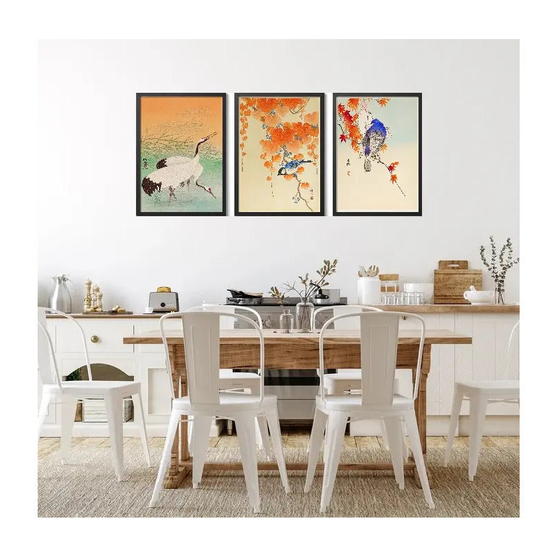Set 3 Cuadros Living Dormitorio Pajaros De Ohara Koson Arte Marco Negro