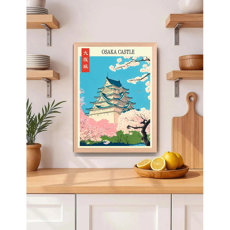 Cuadro Living Dormitorio Castillo Osaka Flor Arte Japon Oak Marco Negro