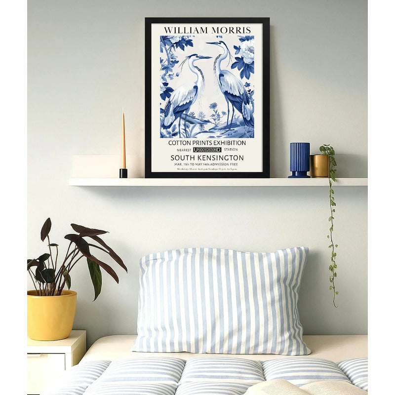 Cuadro Garzas Botanico William Morris En Azul Y Blanco Arte Marco Negro