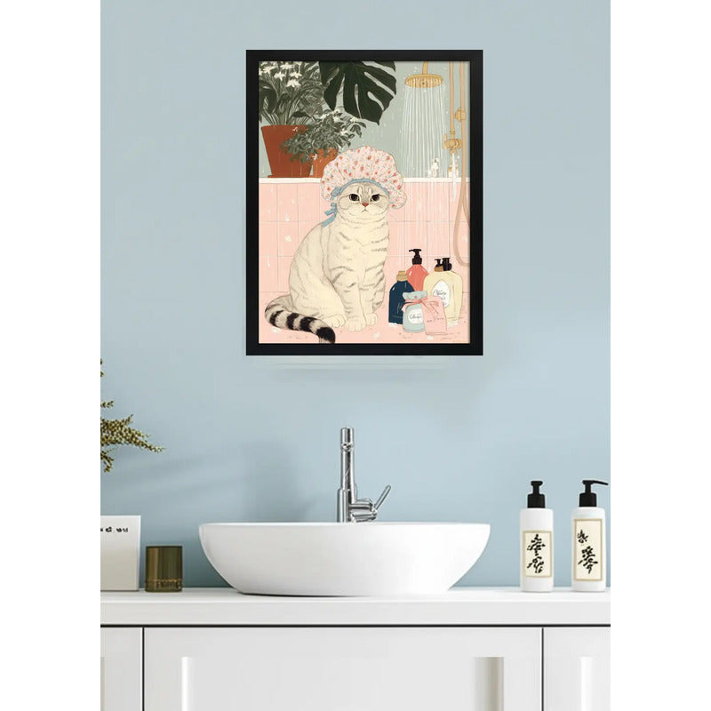 Cuadro Gato En La Rutina Del Baño Banera Flores Decoracion Gato Scottish Fold Gorro Ducha Rosa Negro