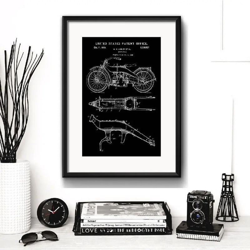 Cuadro Harley Davidson Patente Proyecto Retro Con Paspartu Marco Negro
