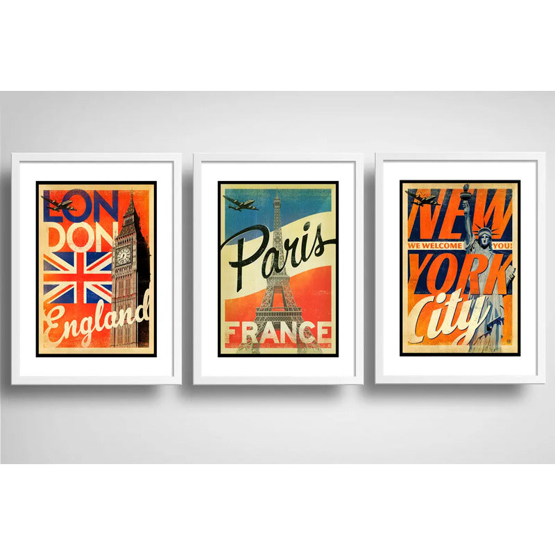 Set 3 Cuadros Londres Paris Nueva York Ciudades Con Paspartu