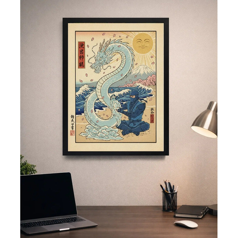 Cuadro Sub-zero Dragon Japón Ola Japón Mortal Kombat Game Marco Negro