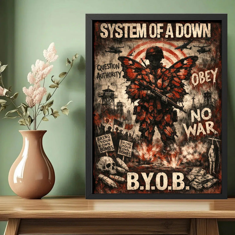 Cuadro System Of A Down Metal Rock Arte Retro Letra B.y.o.b. Marco Negro