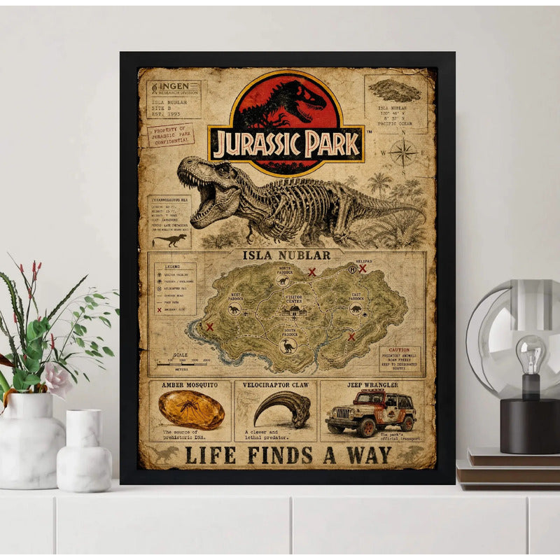 Cuadro Jurassic Park Mapa Isla Nublar Dinosaurio B4 Pelicula Marco Negro