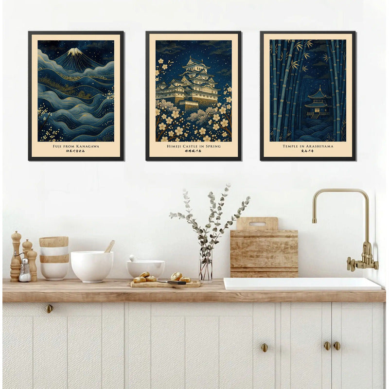 Set 3 Cuadros Monte Castillo Templo Arte Japonés Decoracion Marco Negro