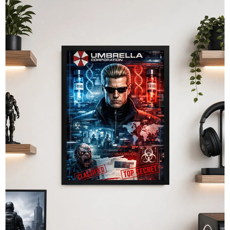Cuadro Resident Evil Albert Wesker Umbrella Virus Zombies Marco Negro