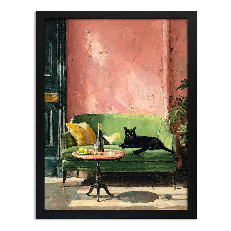 Cuadro Gato Negro Sofá Verde Drink Cocktail Lounge Moderno Marco Negro