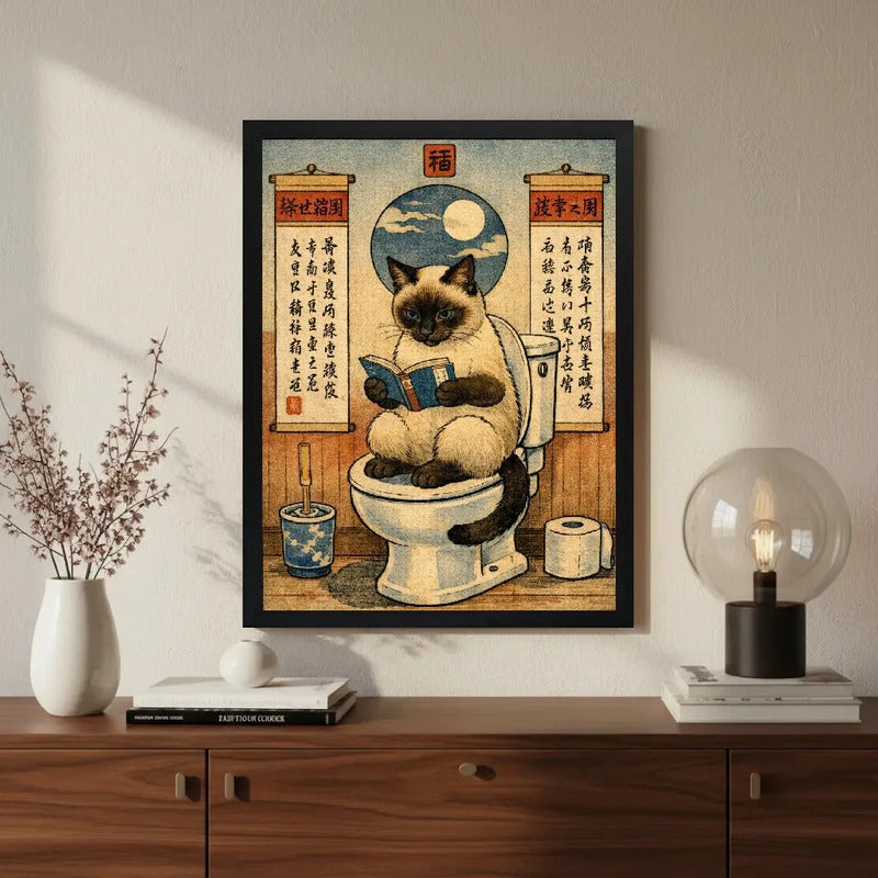 Cuadro Gato Siames Bano Japonés Luna Arte Decoracion Marco Negro