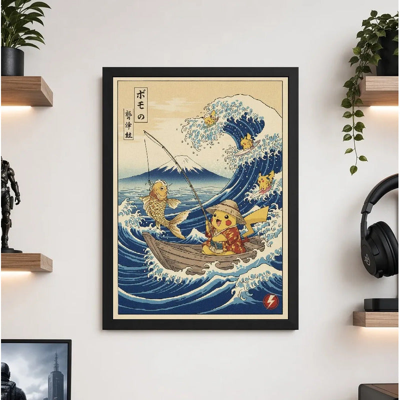 Cuadro Pikachu Pescador Ola Kanagawa Pez Japón Pokemon Anime Marco Negro