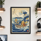 Cuadro Pikachu Pescador Ola Kanagawa Pez Japón Pokemon Anime Marco Negro