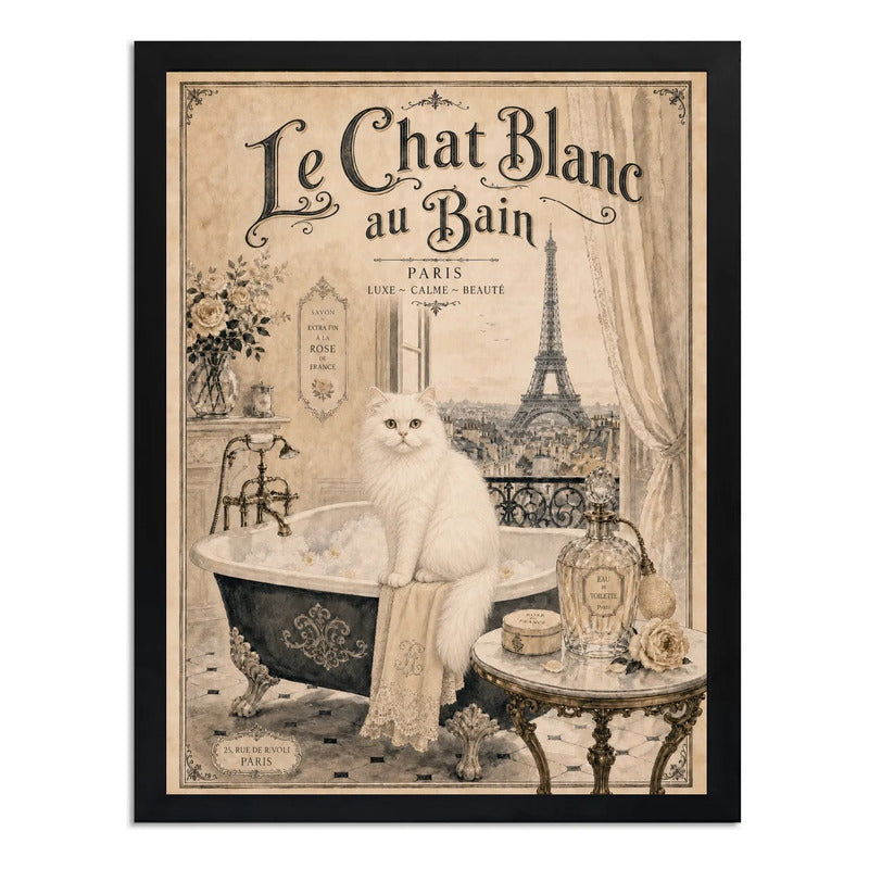 Cuadro Baño Gato Blanco Bañera Le Chat Blanc Paris Retro Art Marco Negro